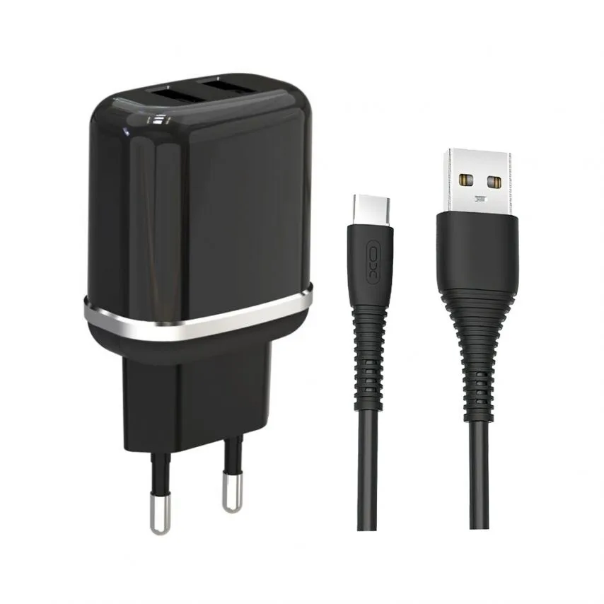 Мережевий зарядний пристрій XO 2USB 2.4A чорний з кабелем Type-C 1м