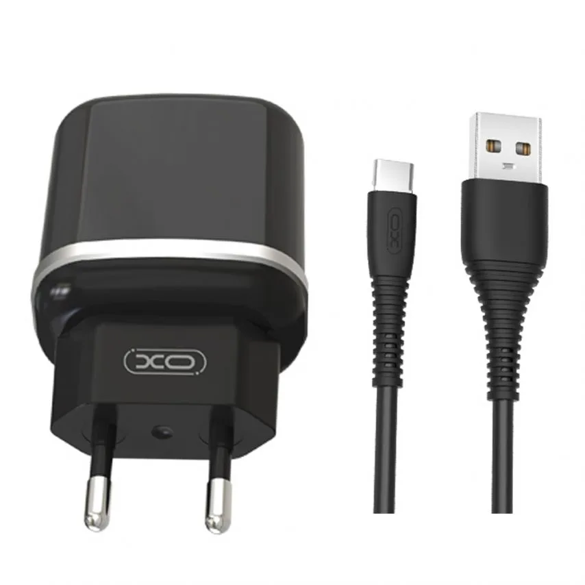 Сетевое зарядное устройство XO 2USB 2.4A черное с кабелем Type-C 1м