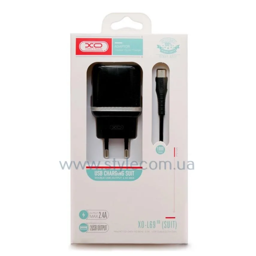 Сетевое зарядное устройство XO 2USB 2.4A черное с кабелем Type-C 1м