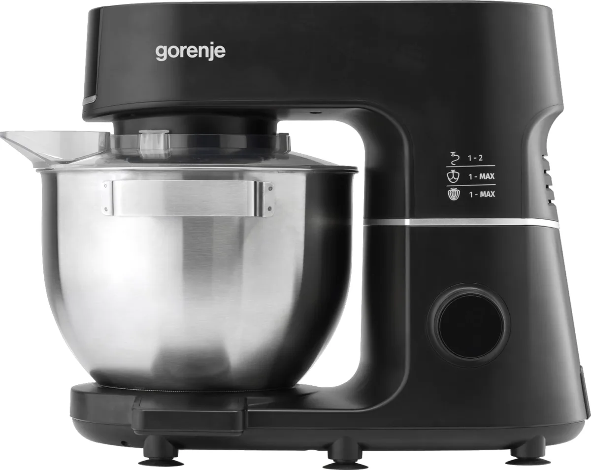 Кухонний комбайн Gorenje 1000Вт, з дисплеєм, металева чаша, корпус з металу та пластику, 7 насадок, чорного кольору.