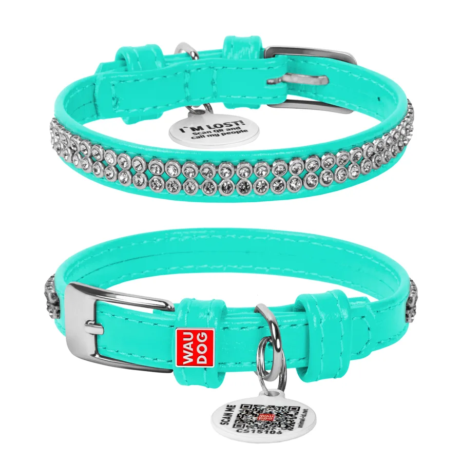 Нашийник WAUDOG Glamour шкіряний 12 мм XS 21-29 см ментоловий з QR паспортом