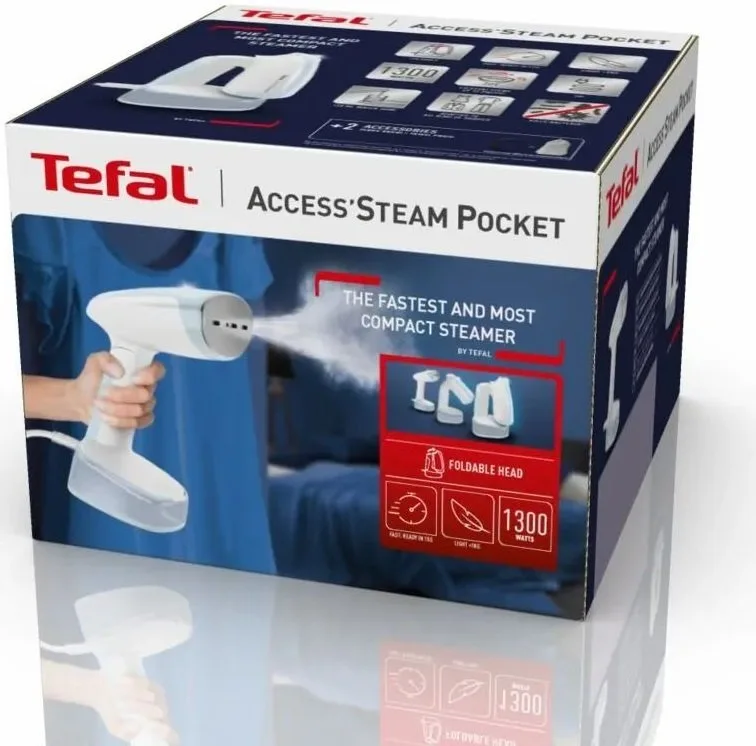 Парогенератор Tefal компактный Access Steam Pocket, 1300Вт, непрерывная подача пара – 20гр, бело-голубой