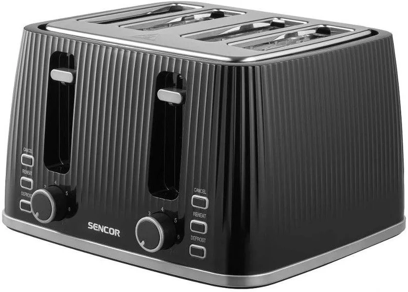 Тостер Sencor 1860Вт, функції підігріву та розморожування, на 4 скибочки, пластиковий корпус, чорний колір.