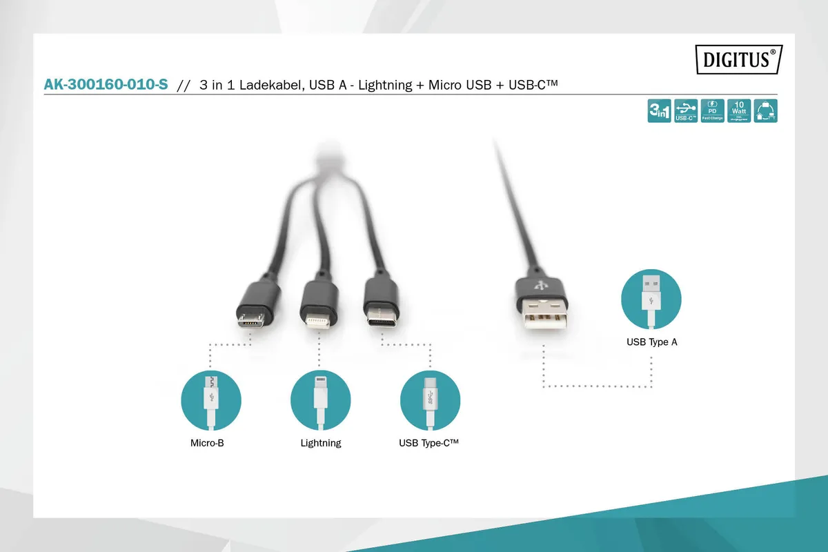 Кабель DIGITUS USB-A > Lightning/USB-С/micro USB, мультизарядний 3-в-1, заряджання/синхронізація 1м, чорний