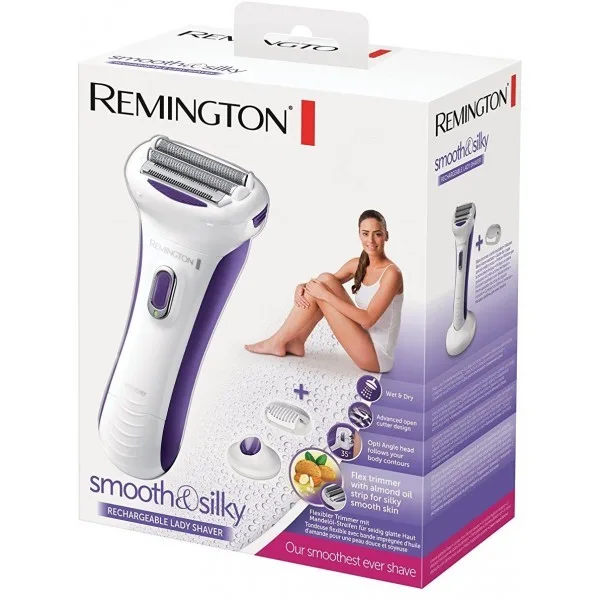 Електрична бритва Remington сіткова SmoothSilky, 2 бритвені головки, для сухого та вологого гоління, жіночий тример, біло-фіолетов