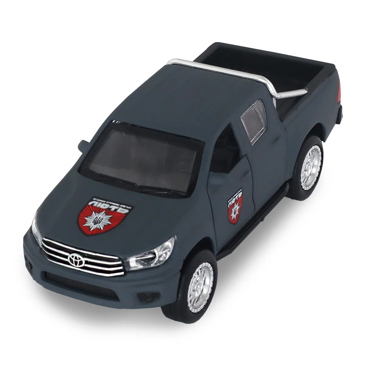 Автомодель TechnoDrive метал 12,5х4,5х5,5 см Шеврони Героїв Toyota Hilux ОШБр НПУ Лють