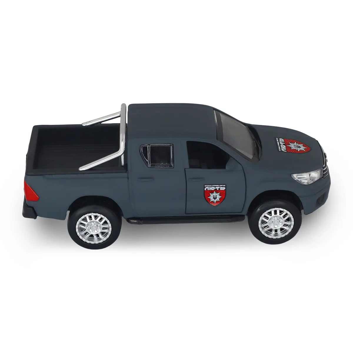 Автомодель TechnoDrive метал 12,5х4,5х5,5 см Шеврони Героїв Toyota Hilux ОШБр НПУ Лють
