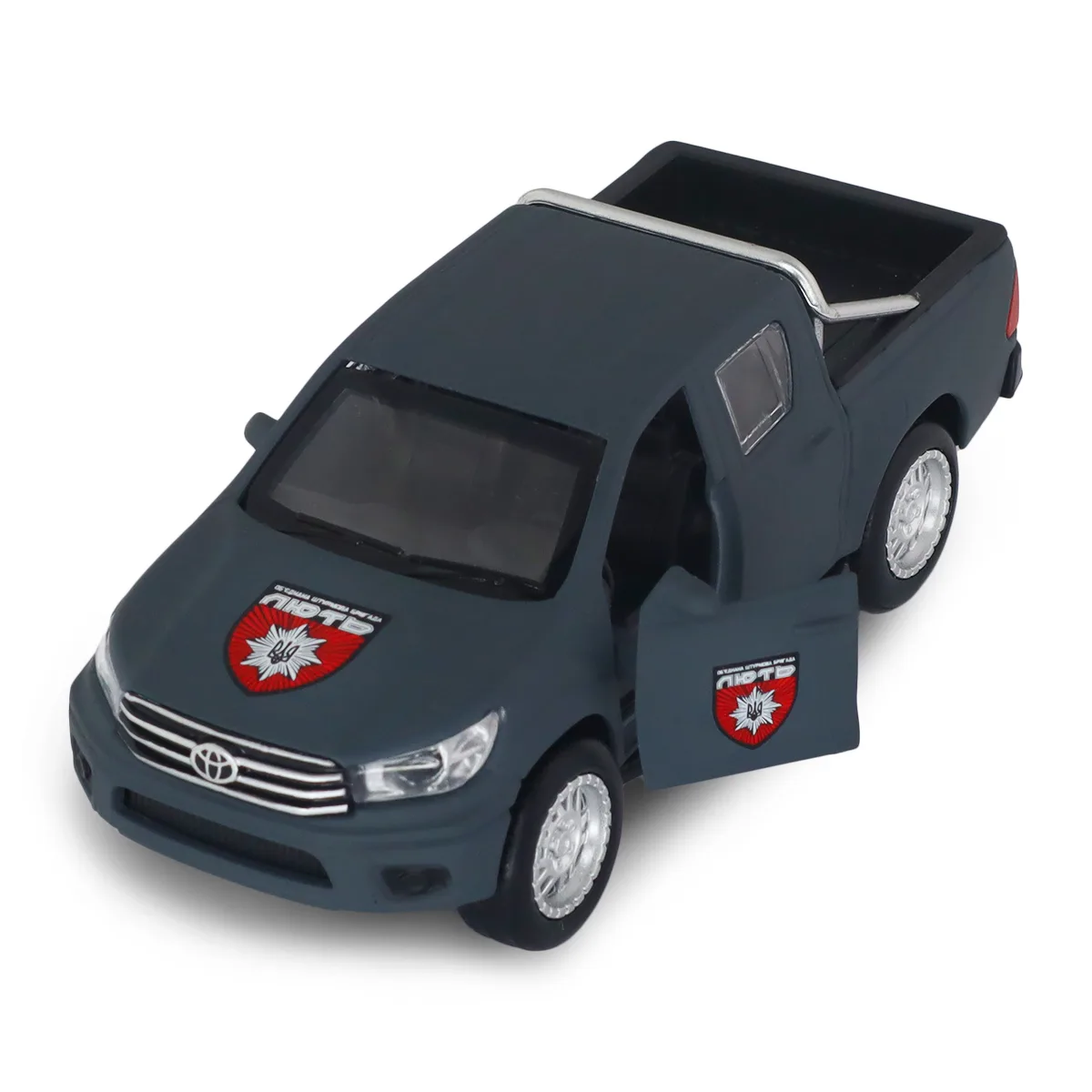 Автомодель TechnoDrive метал 12,5х4,5х5,5 см Шеврони Героїв Toyota Hilux ОШБр НПУ Лють