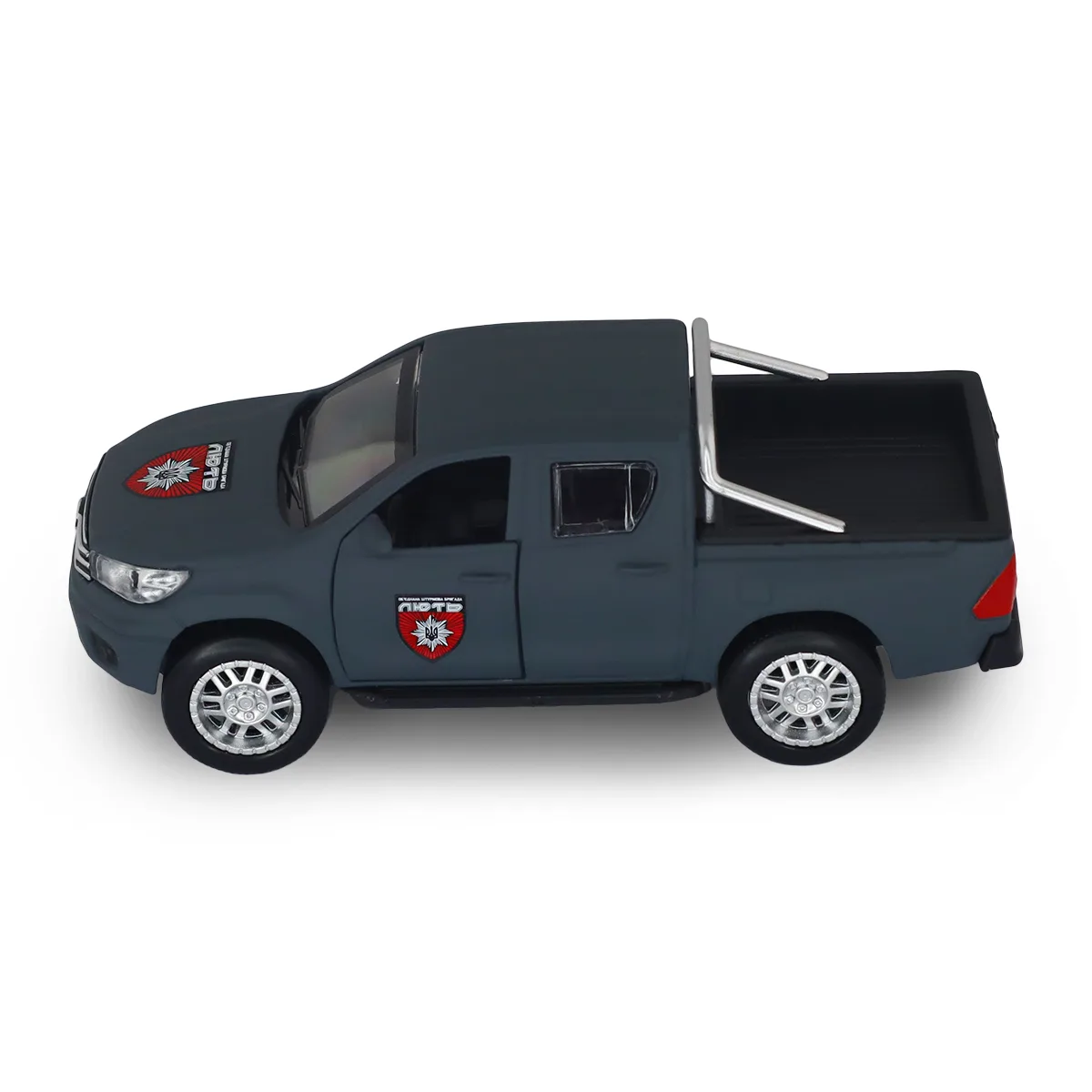 Автомодель TechnoDrive метал 12,5х4,5х5,5 см Шеврони Героїв Toyota Hilux ОШБр НПУ Лють