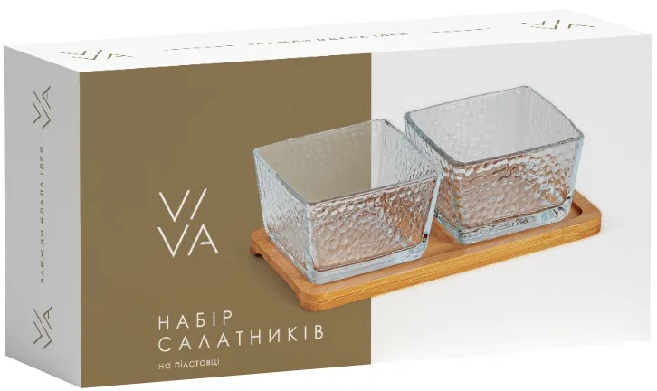 Салатник Viva скляний квадратний 250 мл прозорий з бамбуковою підставкою