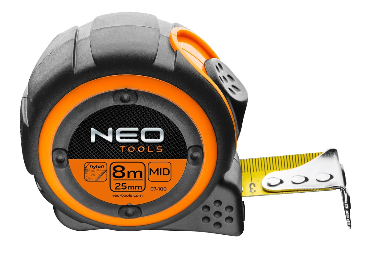 Рулетка Neo Tools 8мx25мм магнітна для вимірювання довжини з амортизатором та нейлоновим покриттям