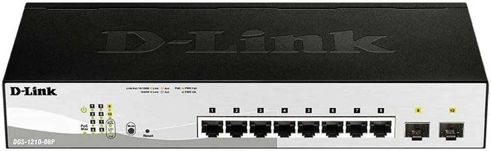 Комутатор D-Link DGS-1210-08P 8x1GE PoE, 2xSFP