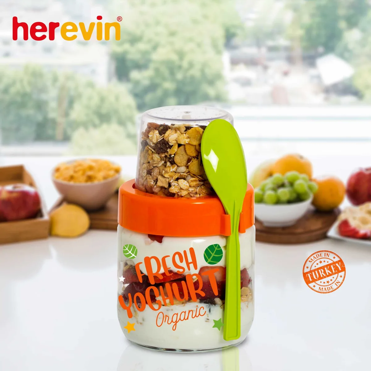 Банка з ложкою Herevin Fruit-Yoghurt 425 мл Скло Пластик Асортимент