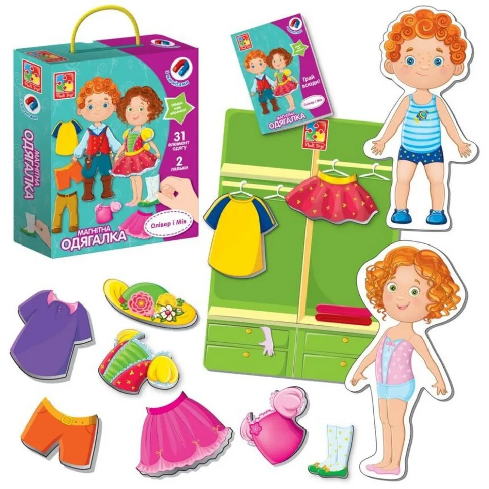 Дитяча магнітна гра Vladi Toys 2 ляльки 31 магнітний елемент одягу для дітей 3-6 років