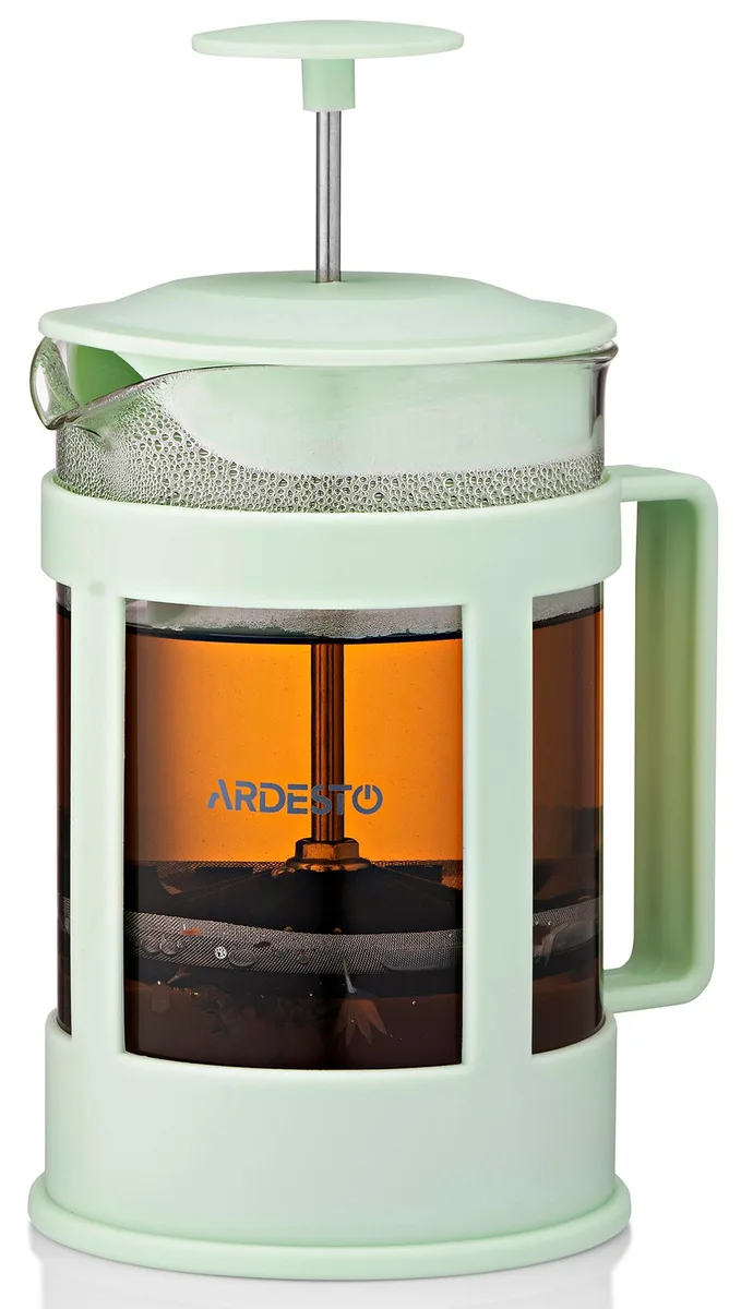 Френч-прес ARDESTO Fresh, 800 мл, боросилікатне скло, пластик, прозорий, світло-зелений.