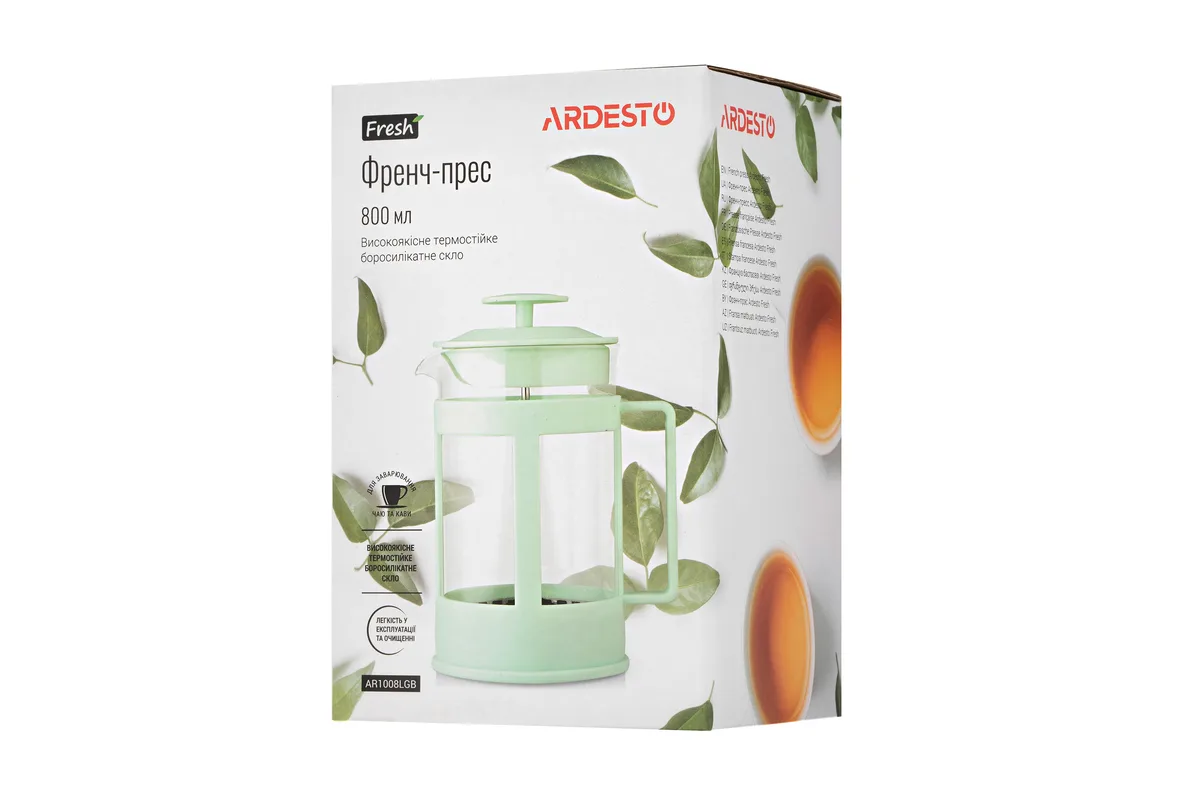 Френч-прес ARDESTO Fresh, 800 мл, боросилікатне скло, пластик, прозорий, світло-зелений.