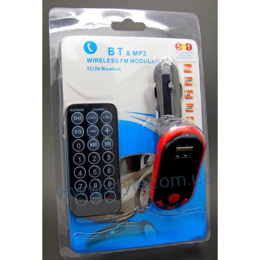 FM-трансмітер Bluetooth 4 порти USB 2,1А пластик чорний/червоний