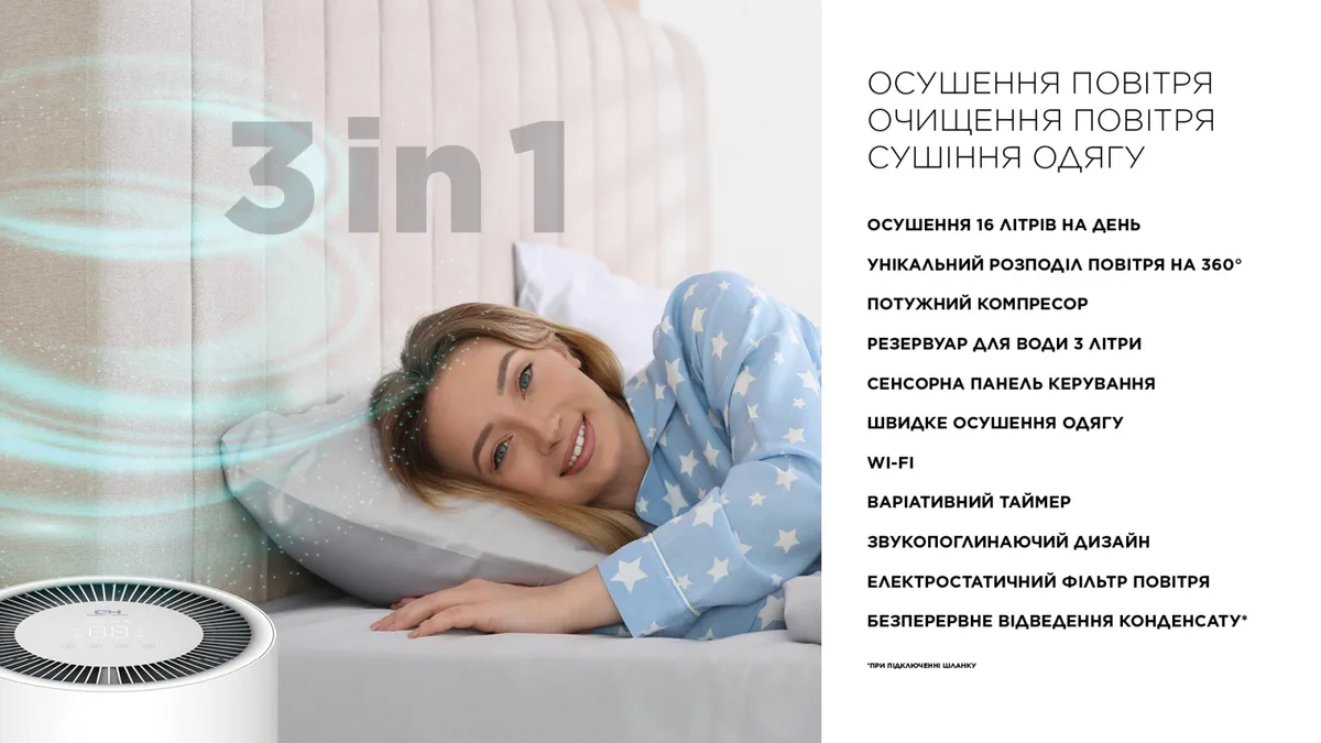 Осушувач повітря CooperHunter CH-D008WDC-16LDWF, 16 л/добу, для приміщень до 22 м2, продуктивність 140 м3/год, споживана потужніст