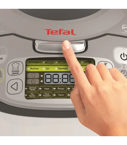 Мультиварка Tefal з технологією Fuzzy Logic, потужність 750 Вт, об'єм чаші 5 л, електронне управління, пластиковий корпус, сірого