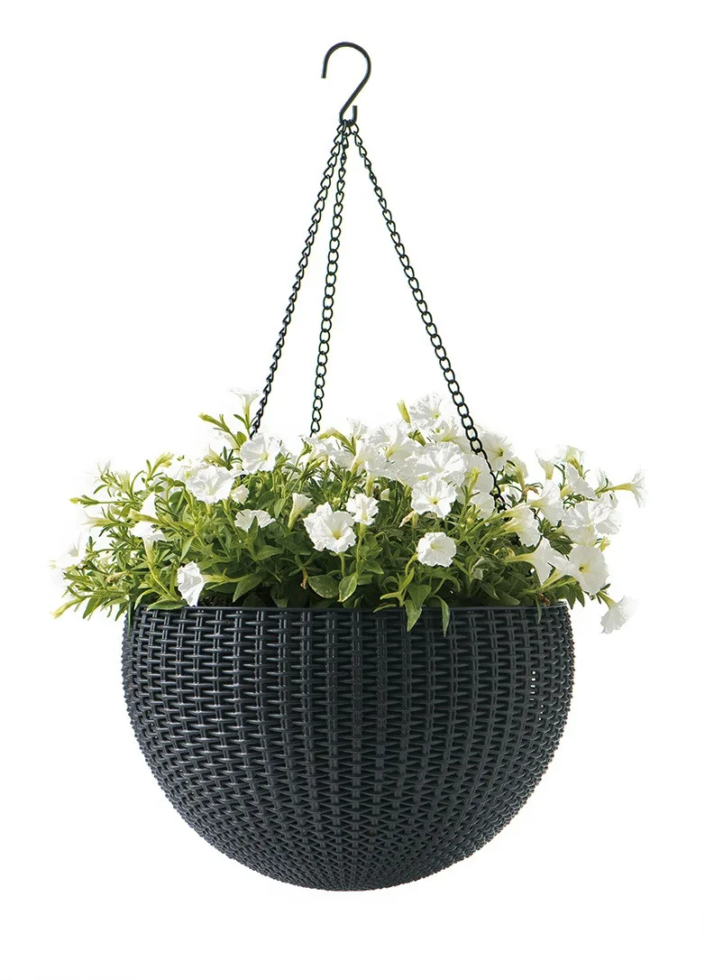 Горщик для рослин пластиковий 8,6 л антрацит Rattan hanging sphere з цепками