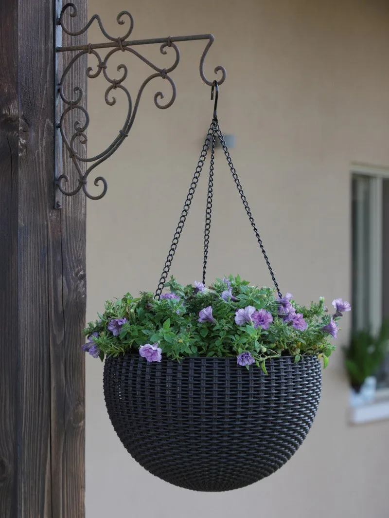 Горщик для рослин пластиковий 8,6 л антрацит Rattan hanging sphere з цепками