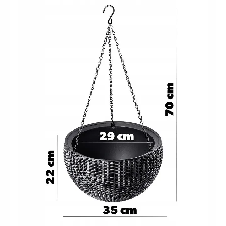 Горщик для рослин пластиковий 8,6 л антрацит Rattan hanging sphere з цепками