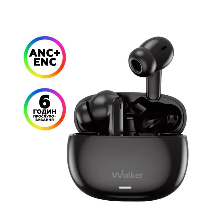 Навушники Bluetooth WALKER вакуумні чорні з шумозаглушенням ANC ENC