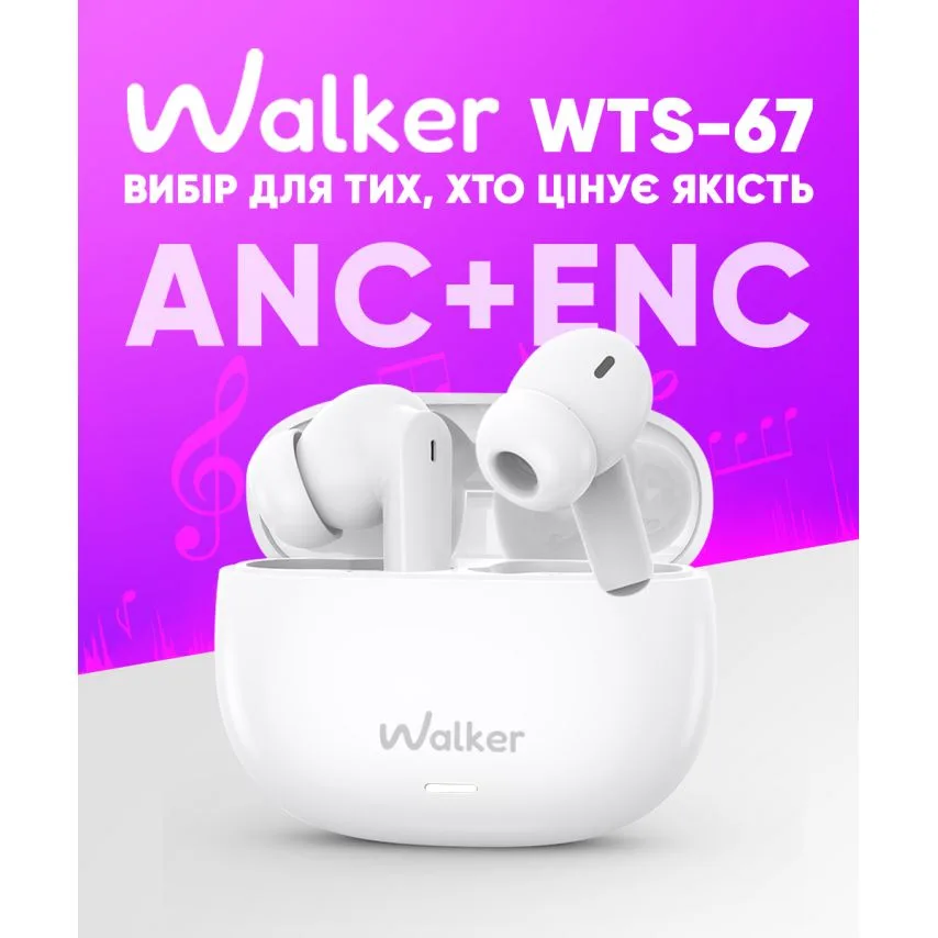 Навушники Bluetooth WALKER вакуумні чорні з шумозаглушенням ANC ENC