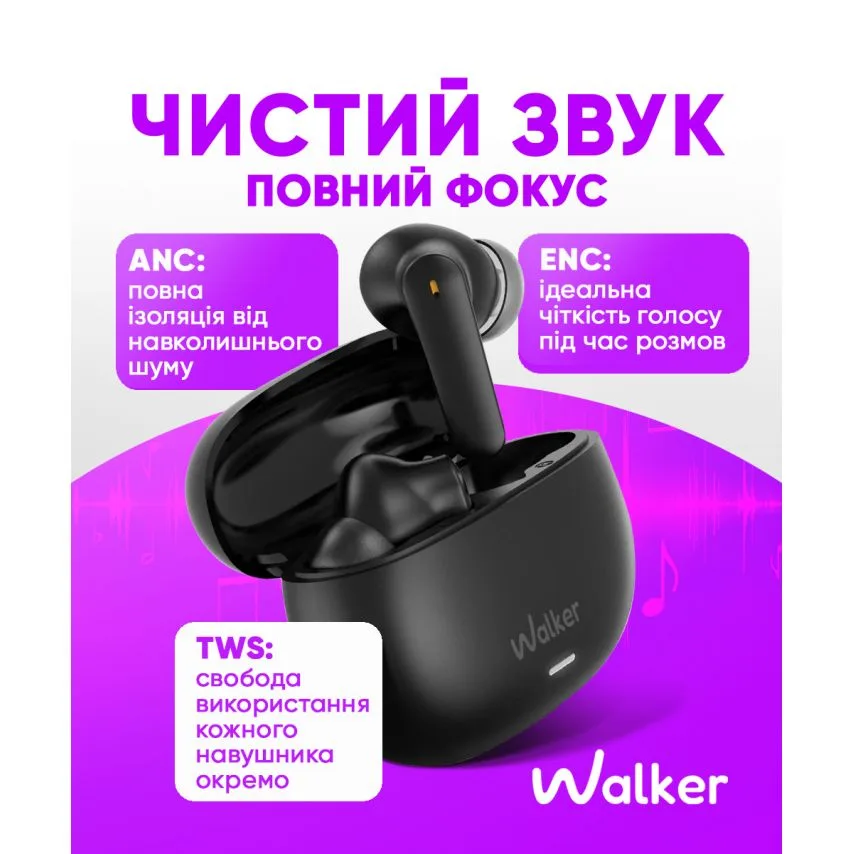 Навушники Bluetooth WALKER вакуумні чорні з шумозаглушенням ANC ENC