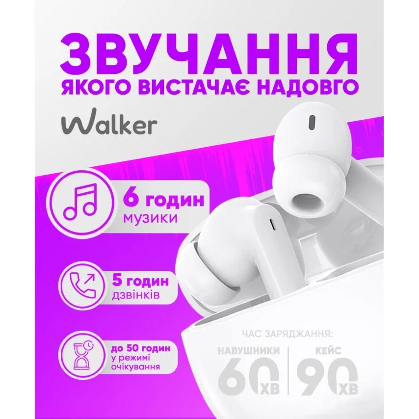 Навушники Bluetooth WALKER вакуумні чорні з шумозаглушенням ANC ENC