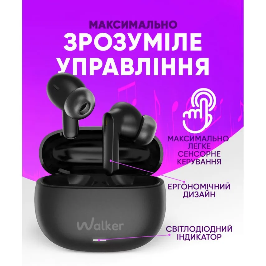 Навушники Bluetooth WALKER вакуумні чорні з шумозаглушенням ANC ENC