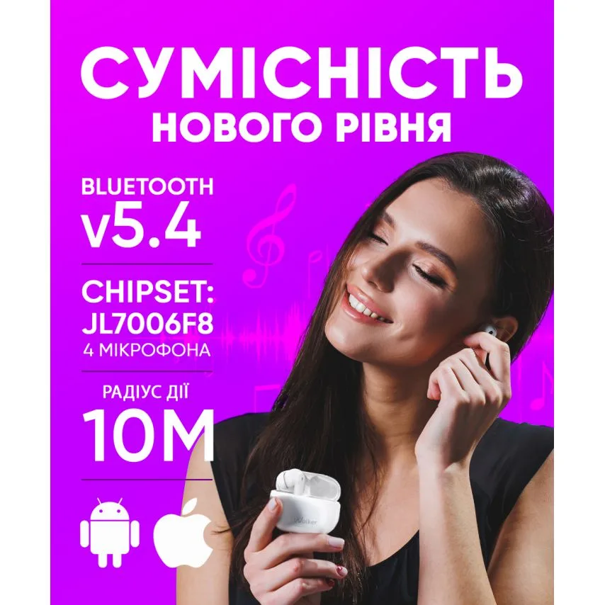 Навушники Bluetooth WALKER вакуумні чорні з шумозаглушенням ANC ENC