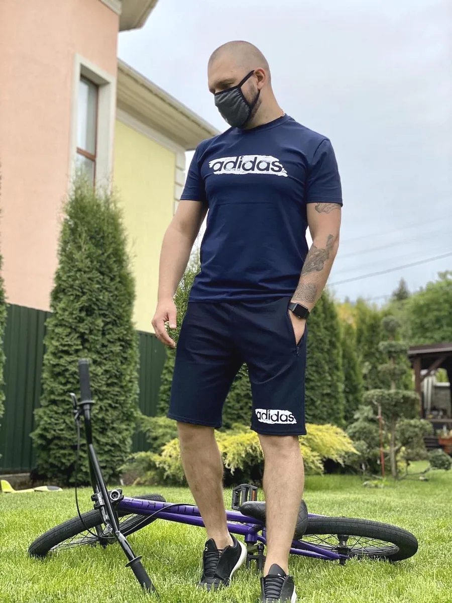 Літній чоловічий костюм футболка шорти двонитка 95% Cotton 5% Elastan темно-синій