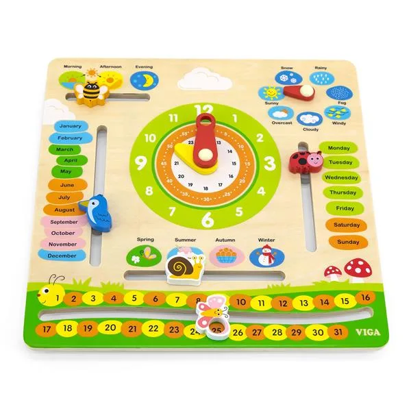 Деревянный календарь Viga Toys с часами 31х31 см разноцветный