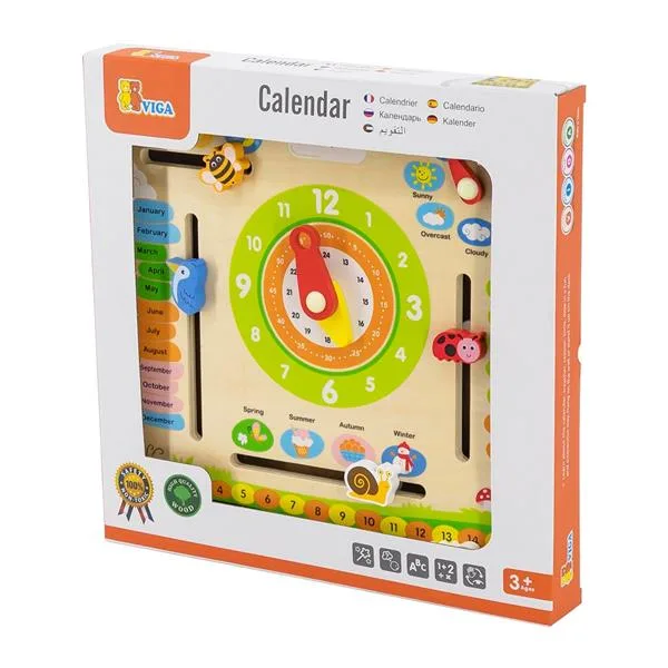 Деревянный календарь Viga Toys с часами 31х31 см разноцветный