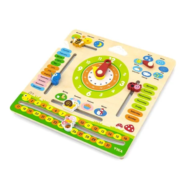 Деревянный календарь Viga Toys с часами 31х31 см разноцветный