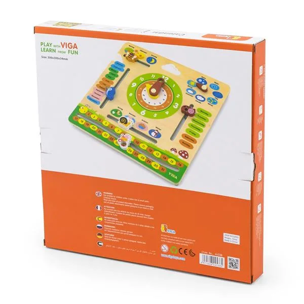 Деревянный календарь Viga Toys с часами 31х31 см разноцветный