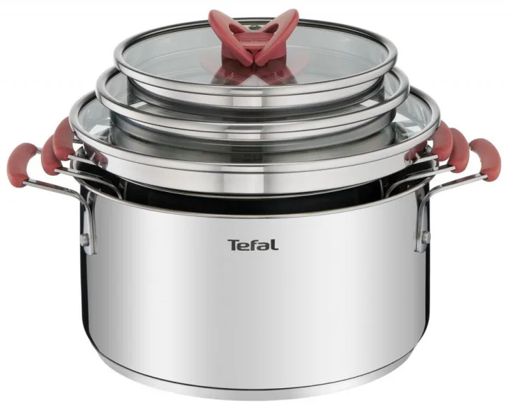 Комплект кухонного посуду Tefal Opti Space, 6 предметів, з нержавіючої сталі, силікону та скла.