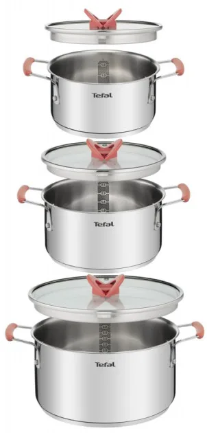 Комплект кухонного посуду Tefal Opti Space, 6 предметів, з нержавіючої сталі, силікону та скла.