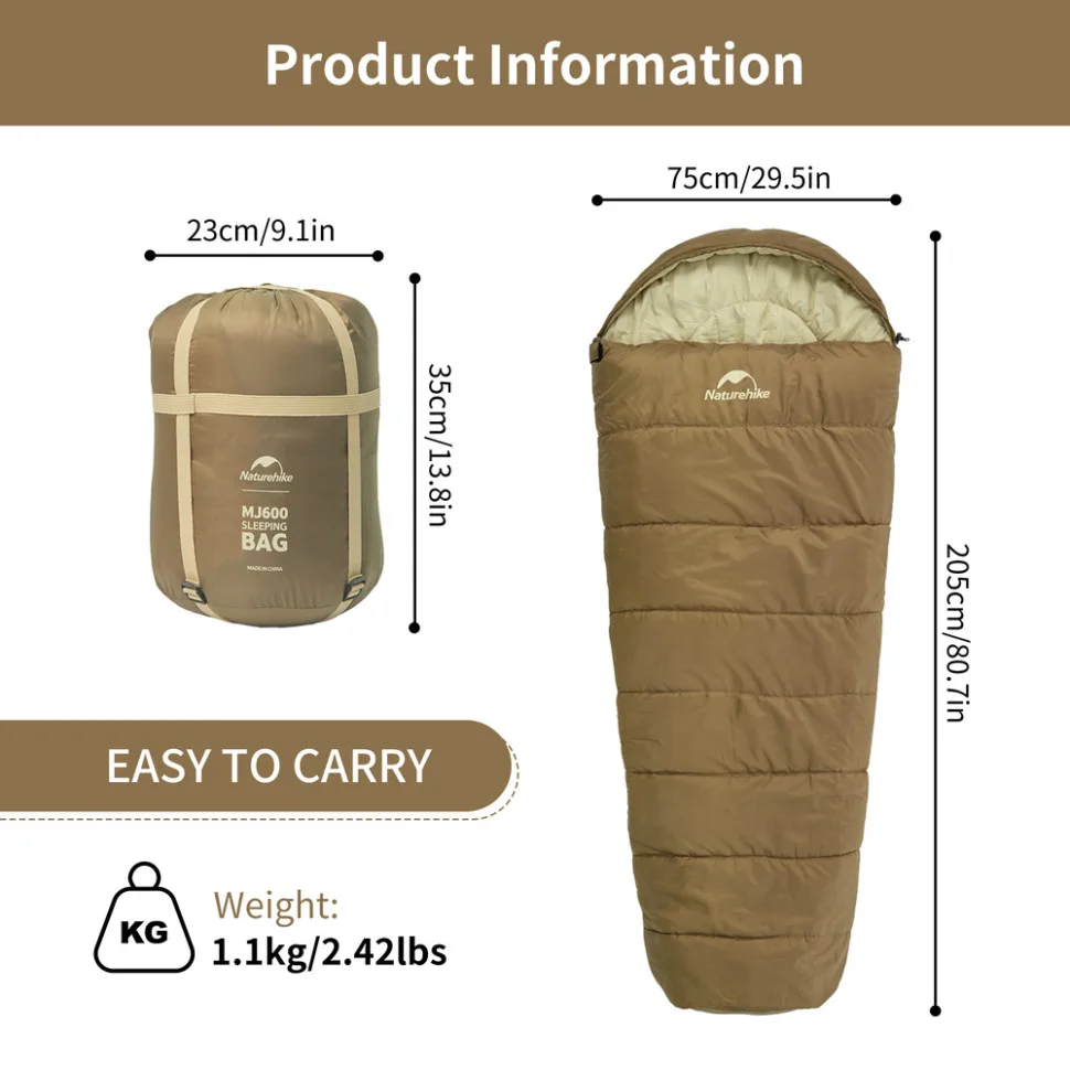Спальный мешок с капюшоном Naturehike, полиэстер, 210х80 см, коричневый.