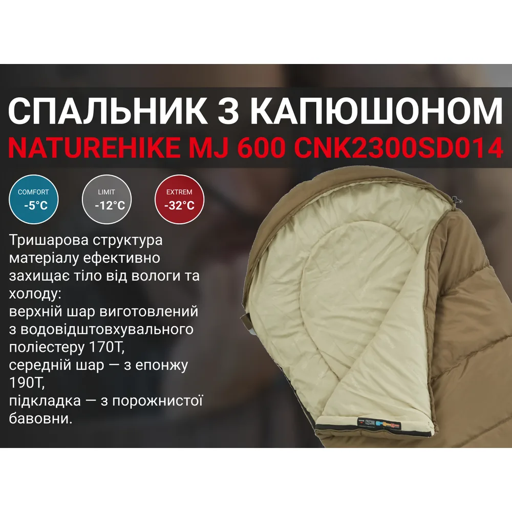 Спальный мешок с капюшоном Naturehike, полиэстер, 210х80 см, коричневый.