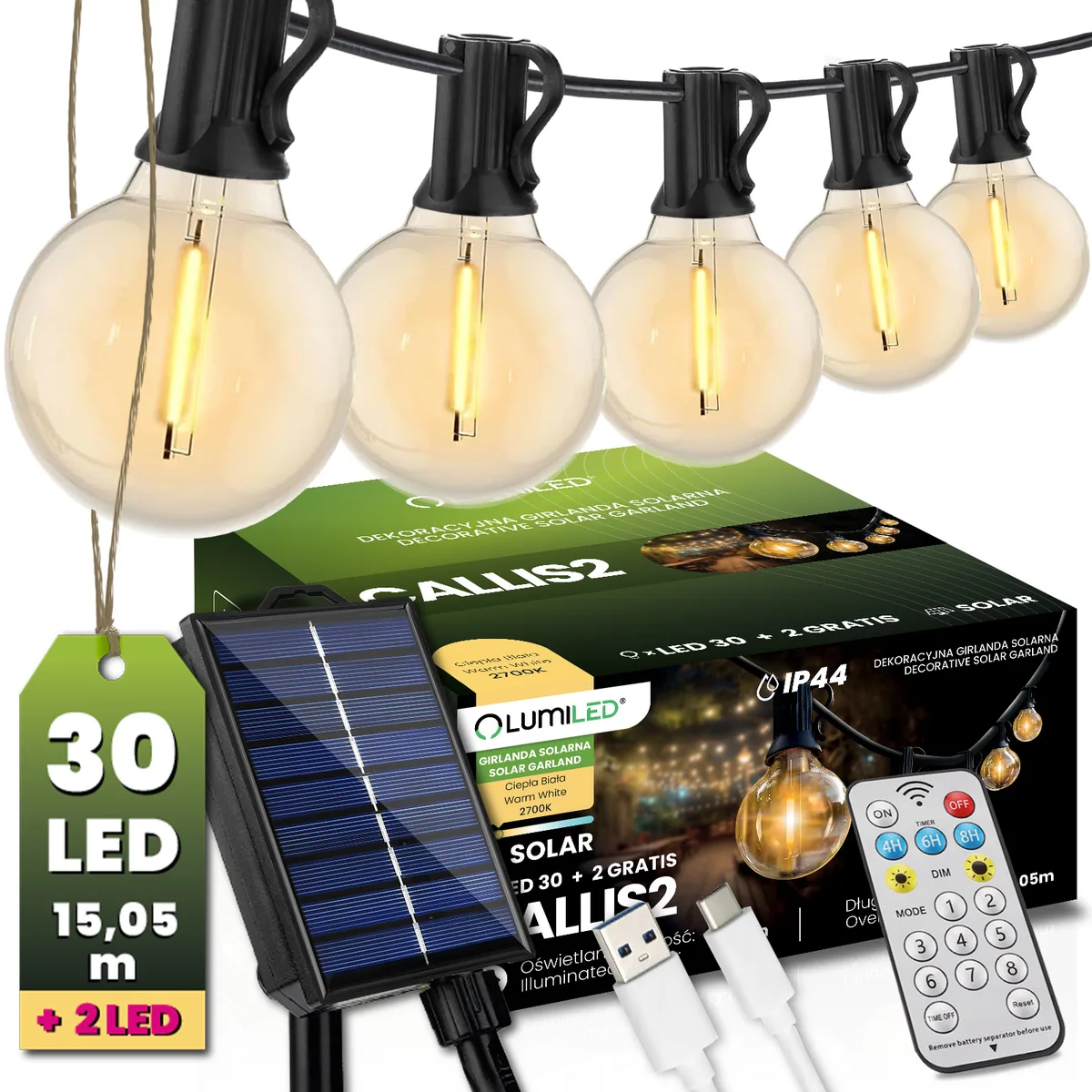 Сонячна гірлянда LumiLED пластикова 15,05 м чорна 30 LED тепле світло 2700 K IP44