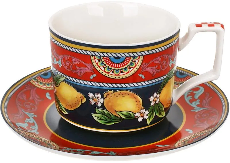Чашка з блюдцем Bona фарфорове 220 мл у подарунковій коробці кольорова Sicilia Ornamento