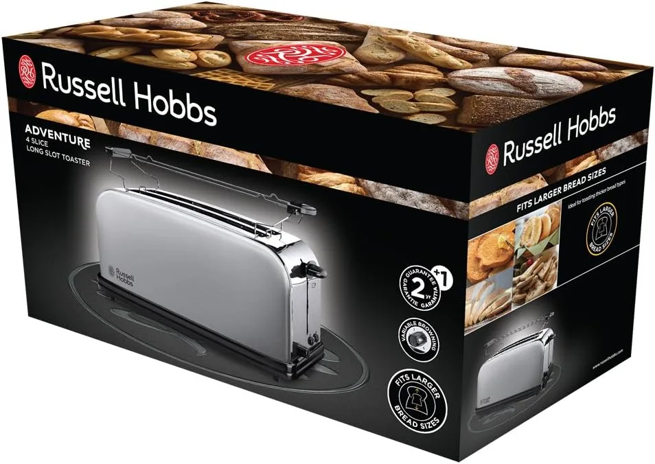 Тостер Russell Hobbs Oxford 1600Вт, розширені слоти для 4 тостів, металевий корпус, сріблястого кольору.