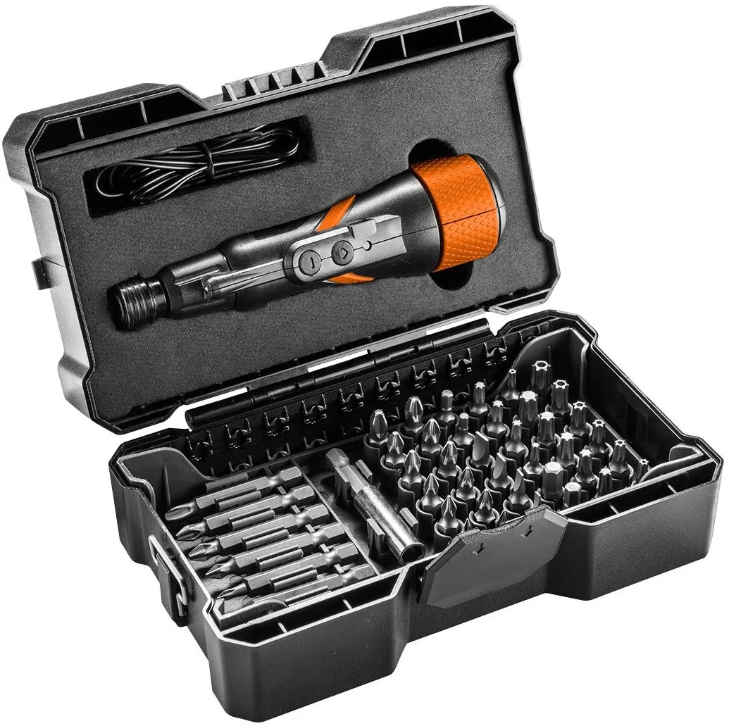 Акумуляторна викрутка Neo Tools, micro-USB, 3.6В Li-Ion, 800мА·год, 280об/хв, 42 біти, SL, PH, PZ, Torx, з кейсом.
