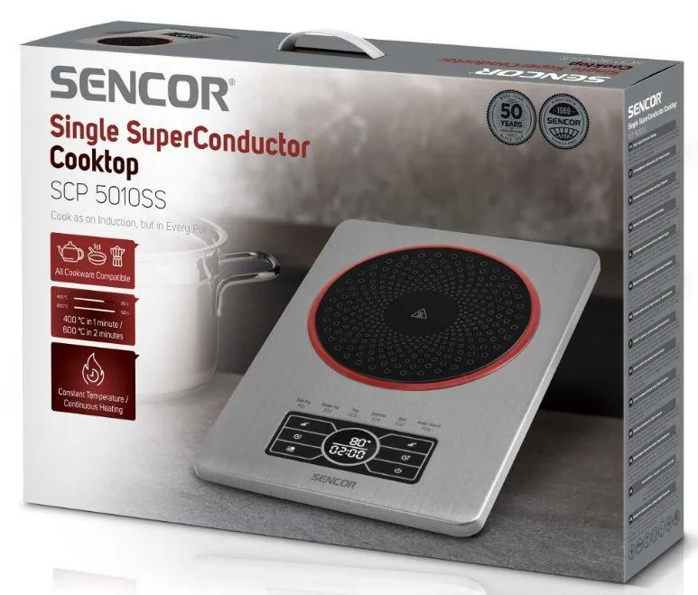 Індукційна настільна плитка Sencor, 1 комфорка 1.5 кВт, сенсорне управління, нержавіюча сталь.