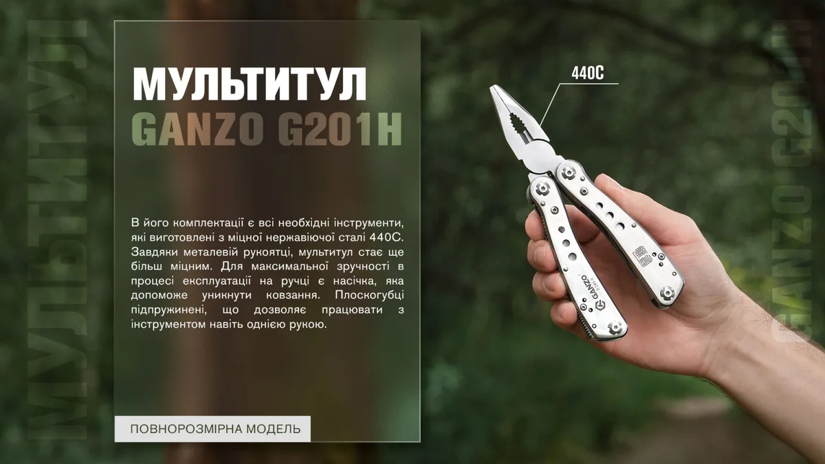 Мультитул Ganzo хромована сталь 10,5х5 см сірий 265 г