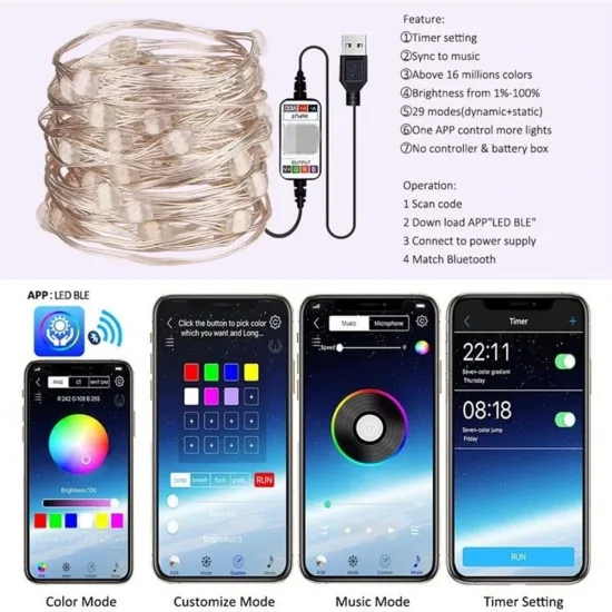Светодиодная гирлянда медь 10м RGB с Bluetooth и пультом