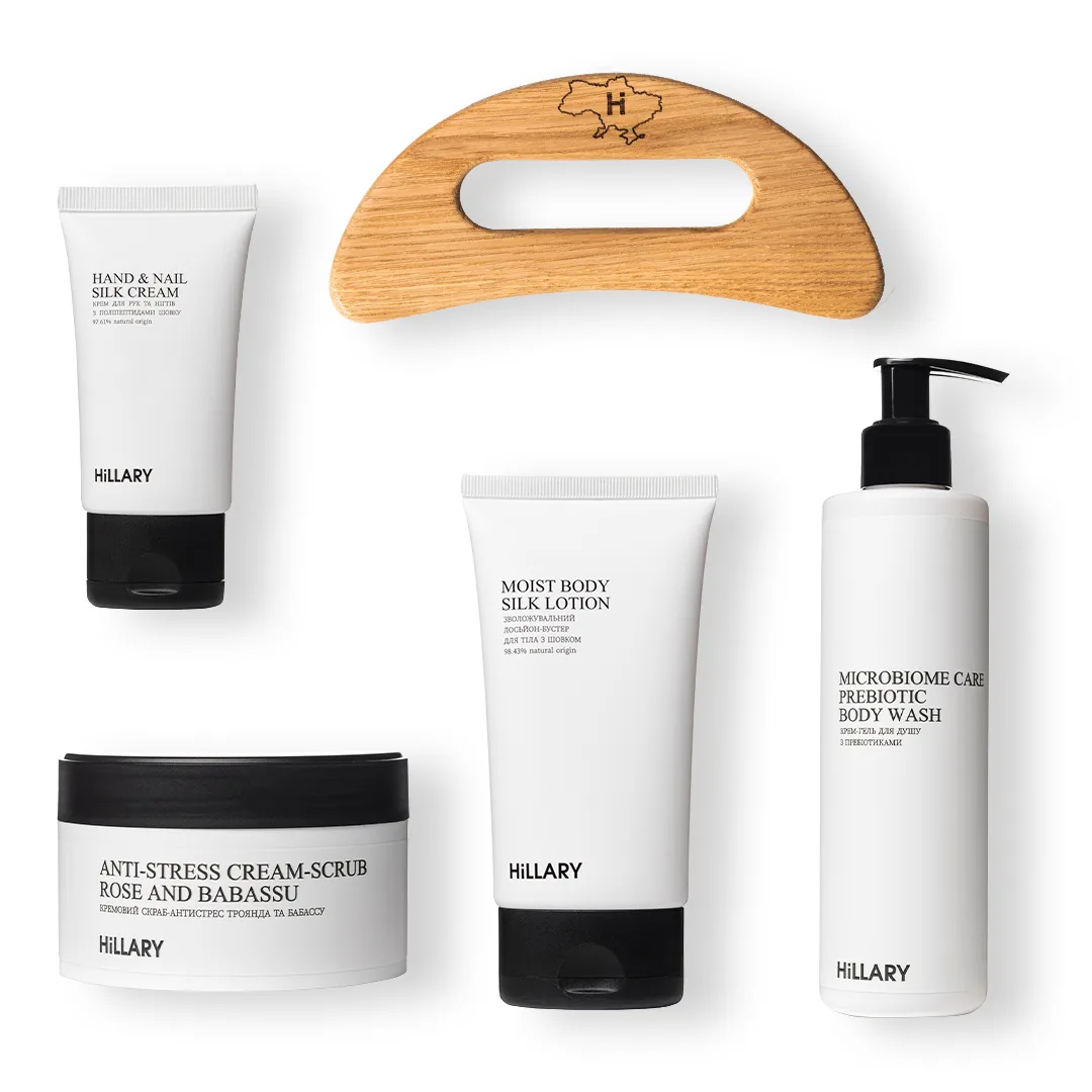 Набір шовкового догляду за тілом з дерев'яним шкребком Hillary Perfect Silk Body Care + Gua Sha