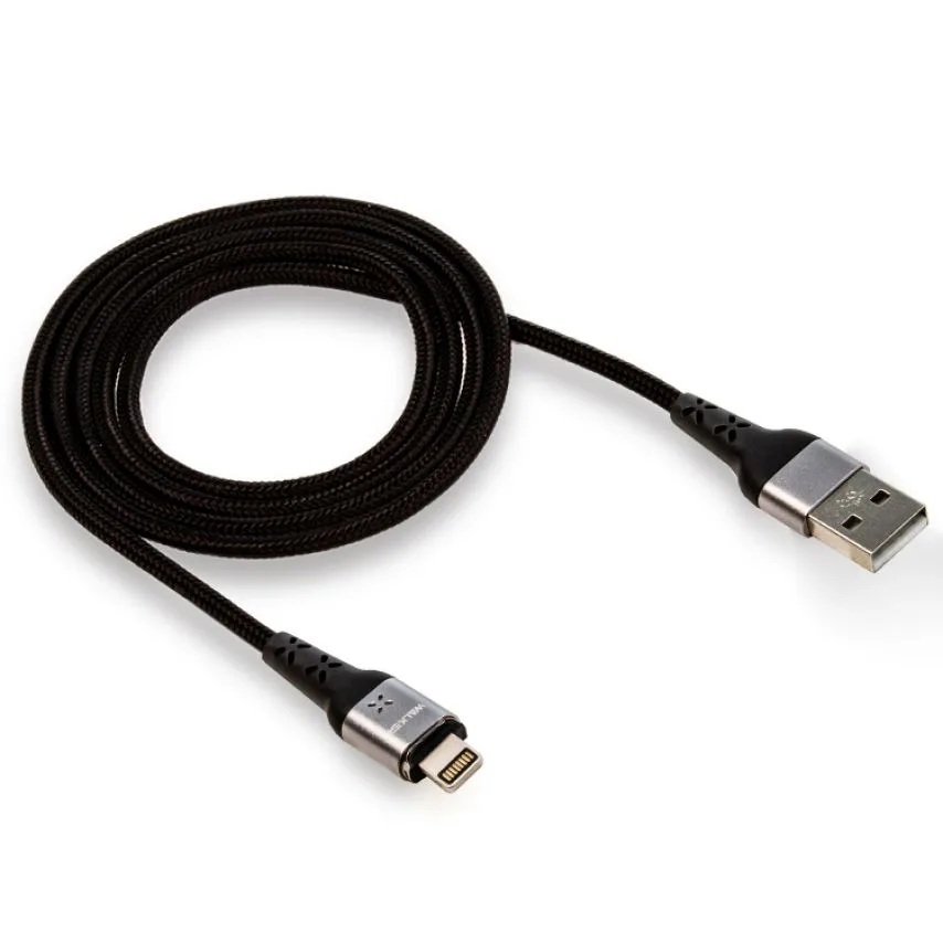 Кабель USB WALKER тканинний 1м чорний Lightning Magnetic 3,3А